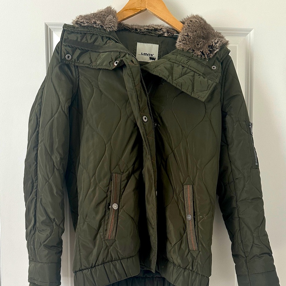 Levi's Green Quilted Jacket with Faux Fur Trim